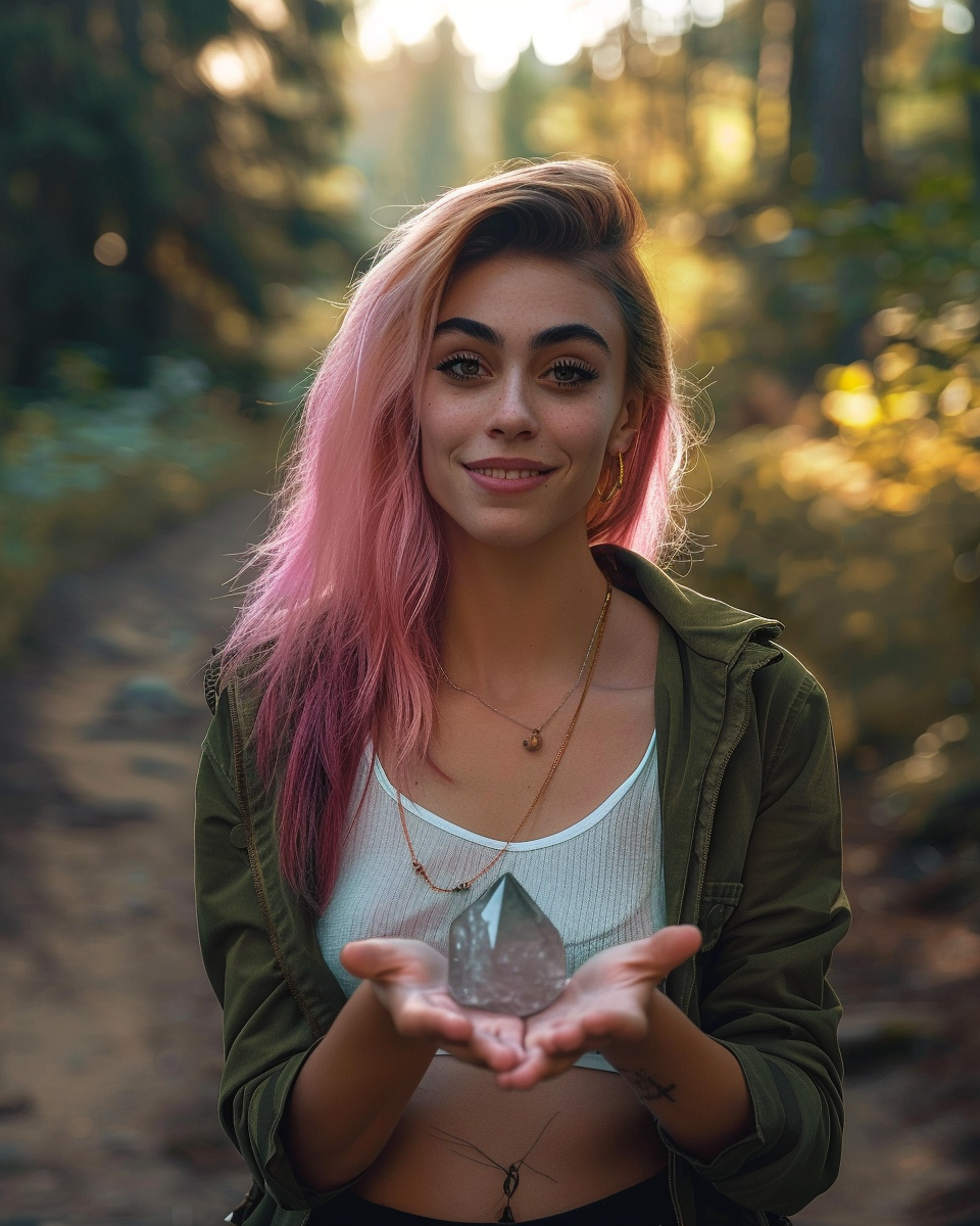 Luna Marchetti, creator of Stone Snap, holding a crystal specimen on a forest trail